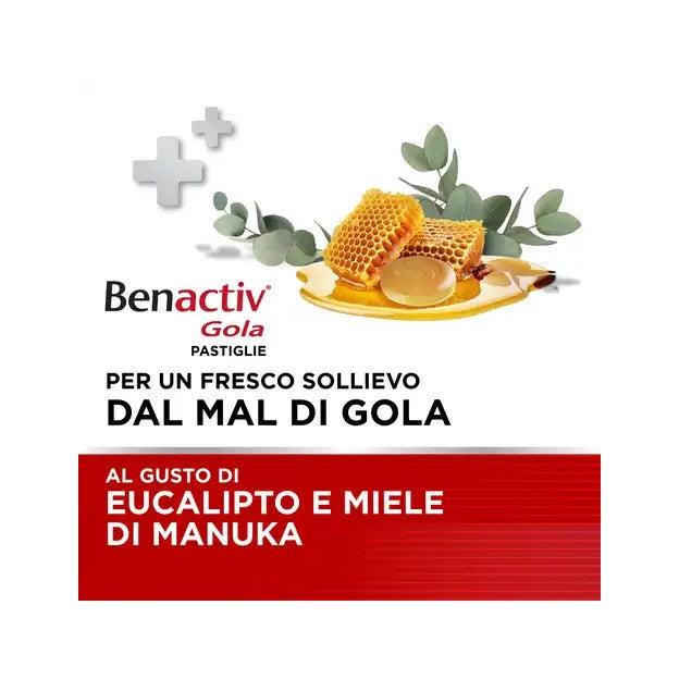 Benactiv Gola per il Mal di Gola 16 Pastiglie Gusto Miele Di Manuka E Eucalipto Senza Zucchero-9