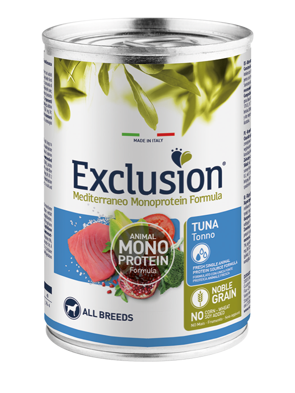 Exclusion Mediterraneo Monoprotein Noble Grain Umido Al Tonno Per Cani Lattina 400g-1