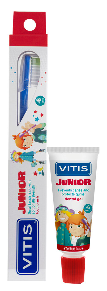 Vitis Junior Spazzolino per bambini oltre i 6 anni 1 pezzo colori assorti + Gel Dentifricio 15ml-2