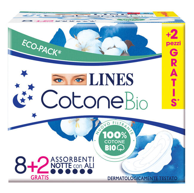 Lines Eco-Pack Cotone Assorbenti Notte con Ali filtranti 100% cotone 10 pezzi-2