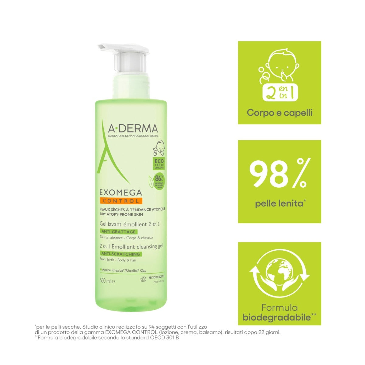 A-Derma Exomega Control gel detergente emolliente 2 in 1 corpo e capelli pelle secca 500ml-12