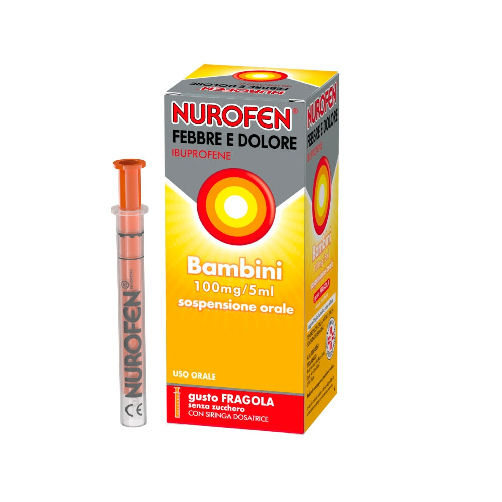 Nurofen Febbre e dolore per bambini uso 100 mg/ 5 ml orale gusto fragola 150ml con siringa dosatrice-9