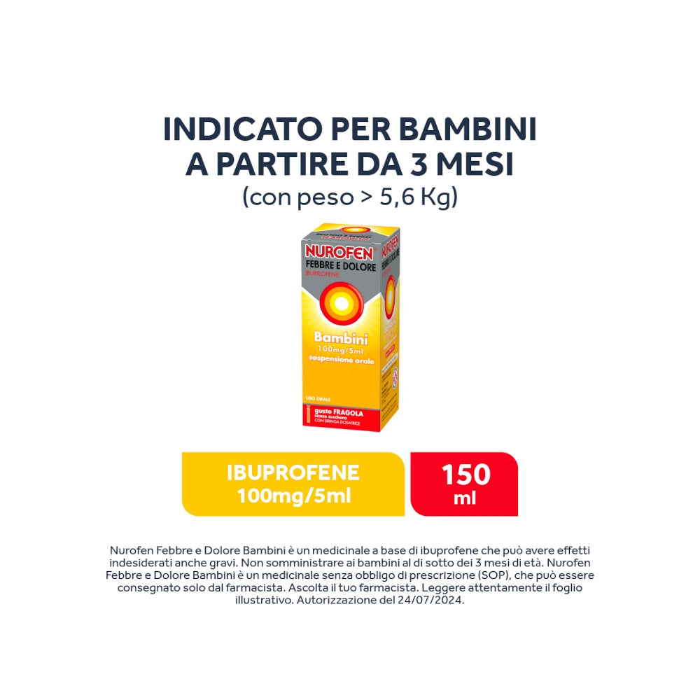 Nurofen Febbre e dolore per bambini uso 100 mg/ 5 ml orale gusto fragola 150ml con siringa dosatrice-10