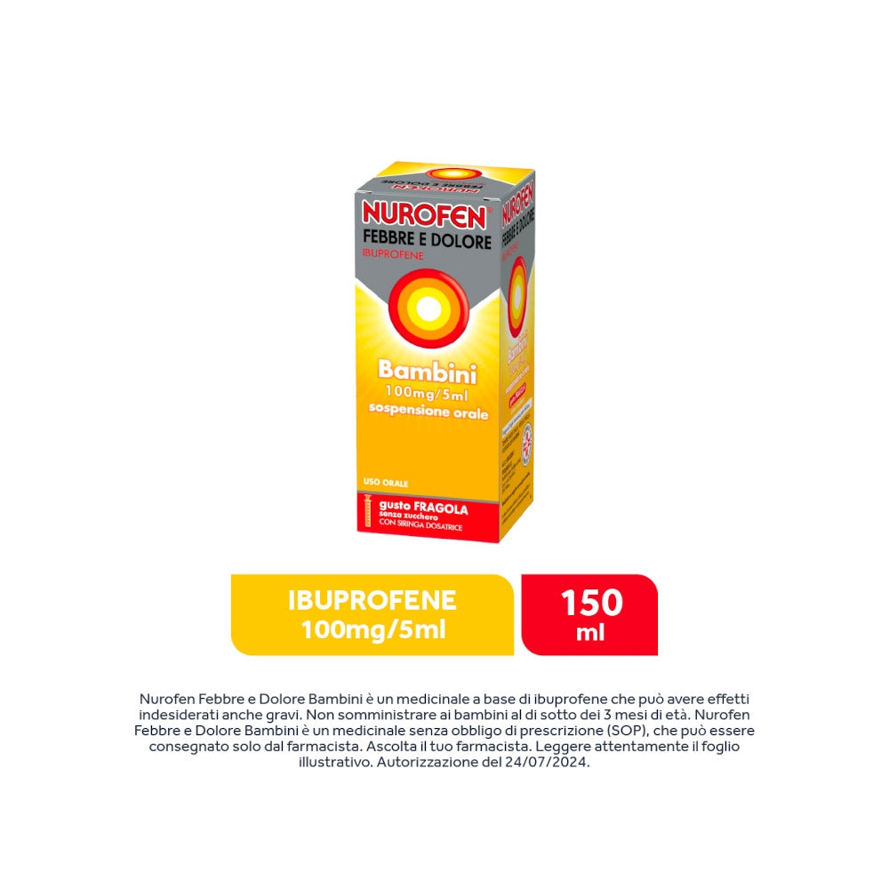 Nurofen Febbre e dolore per bambini uso 100 mg/ 5 ml orale gusto fragola 150ml con siringa dosatrice-11