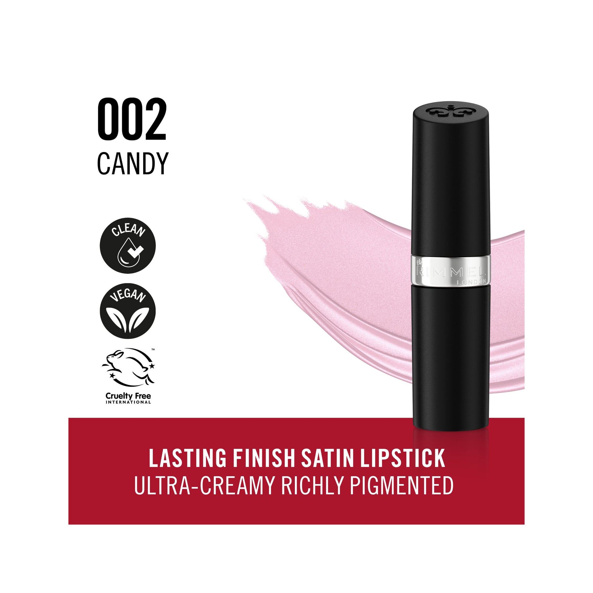 Rimmel Lasting Finish Rossetto Satinato Idratante Formula Vegana 4g 002 Candy-3