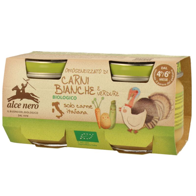 Alce Nero Omogeneizzato di Carne di Pollo e Tacchino con Verdure bio 4°-6° mese 2x80g-1
