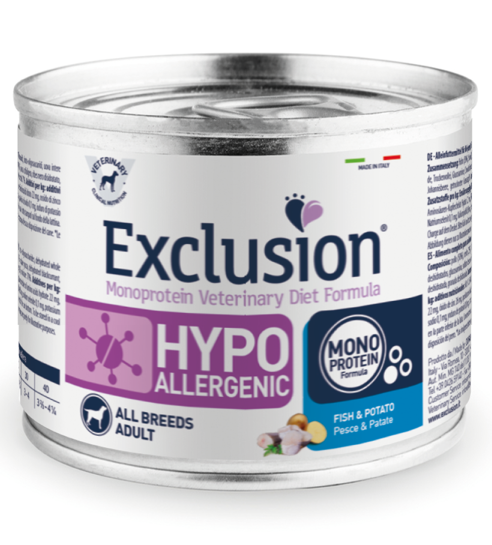 Exclusion Veterinary Diet Formula Hypoallergenic Per Cani Pesce/Patate Lattina 200g-1