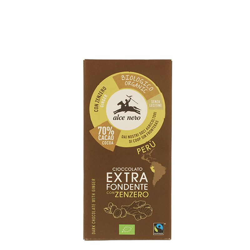 Alce Nero Tavoletta di Cioccolato Extra Fondente 70% con Zenzero Biologico 50g-1