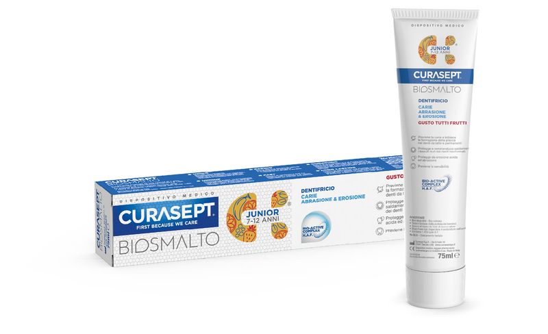 Curasept Biosmalto Junior 7-12 anni dentifricio per carie gusto tutti i frutti 75ml-1