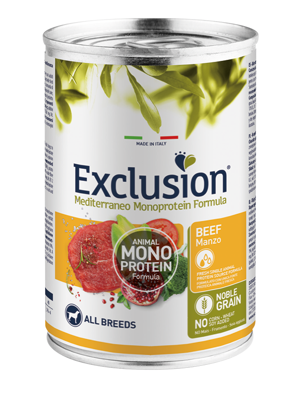 Exclusion Mediterraneo Monoprotein Noble Grain Umido Al Manzo Per Cani Lattina 400g-1