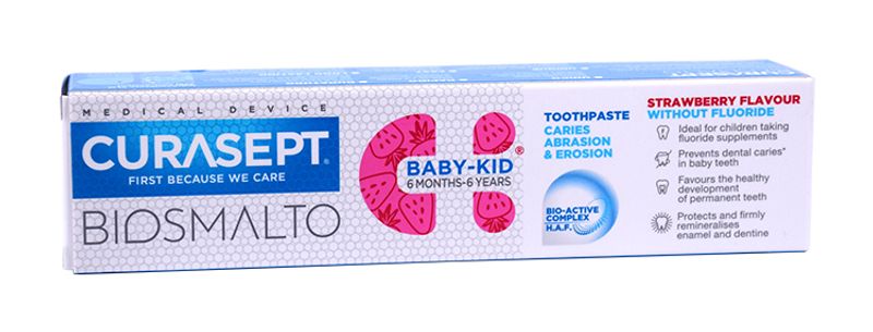 Curasept biosmalto baby-kid senza fluoro gusto fragola 6 mesi -6 anni 50ml-1