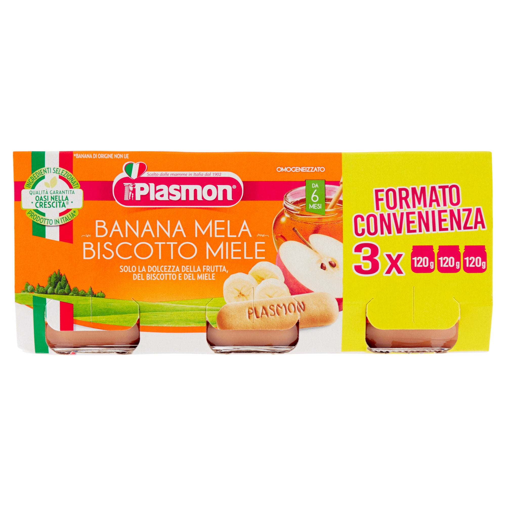 Plasmon Omogeneizzato Banana Mela Biscotto Miele 3x120g-2