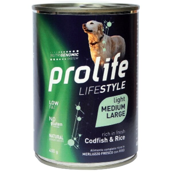 Prolife Lifestyle Light  Merluzzo Fresco Con Riso Cibo Umido Per Cani Adulti Taglia Media/Grande Lattina 400g-1