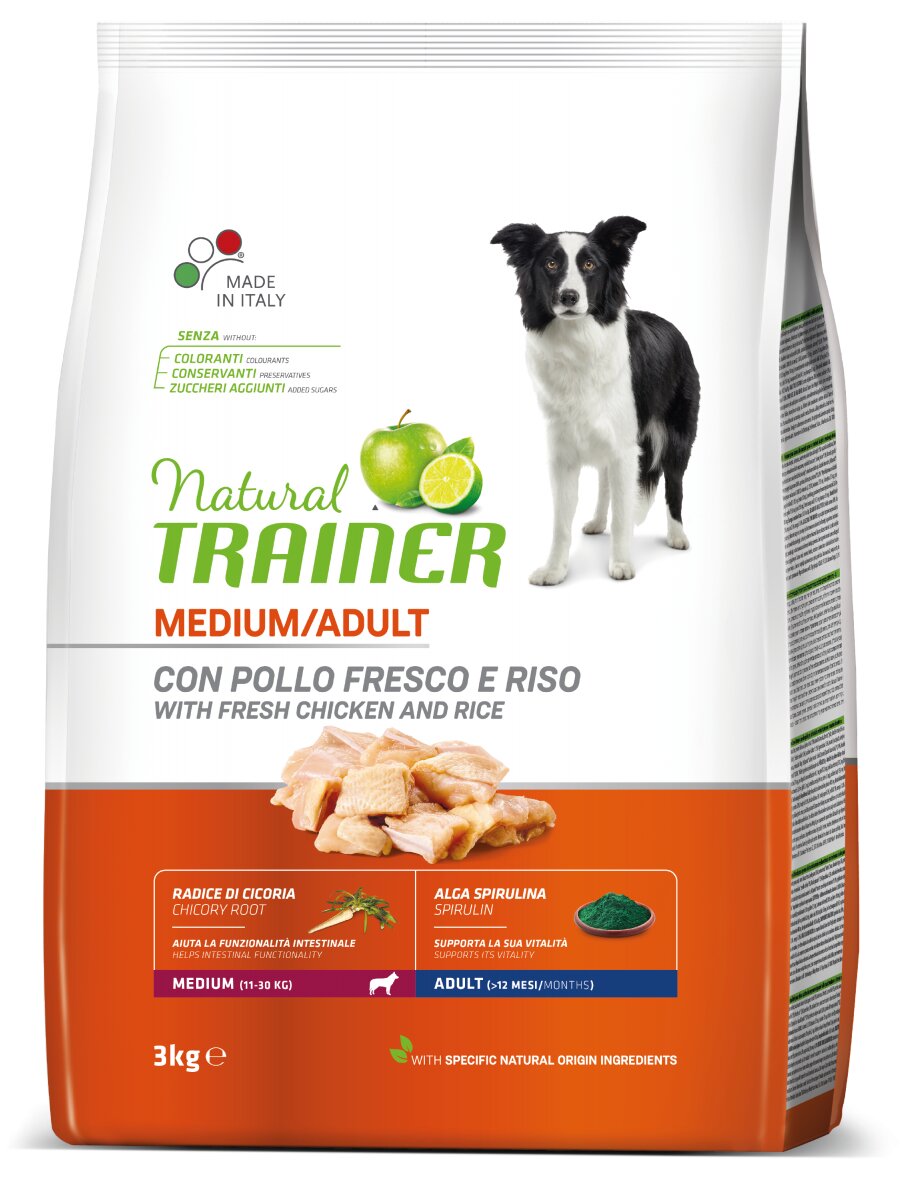 Natural Trainer Crocchette Pollo Fresco/Riso/Alga Spirulina Per Cani Adulti Taglia Media Sacco 3kg-2