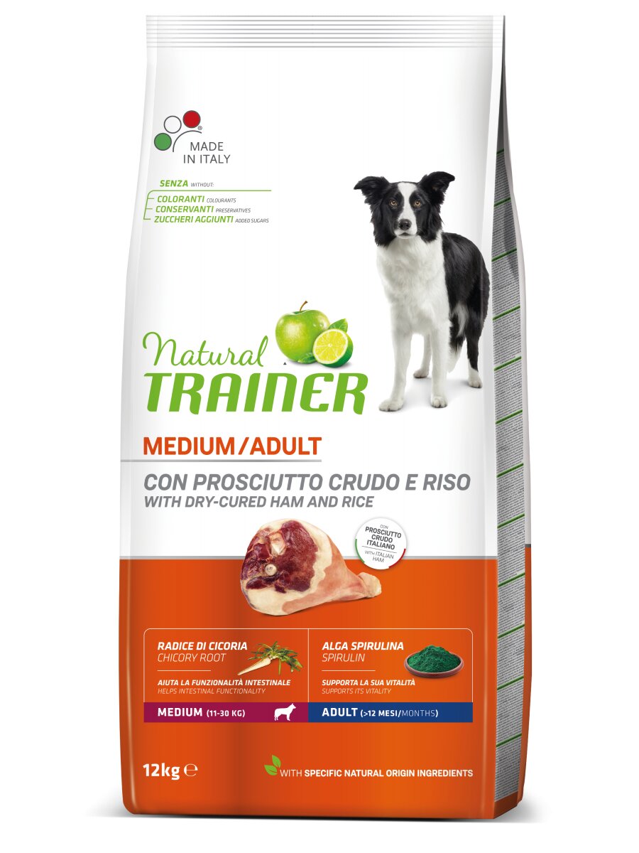 Natural Trainer Crocchette Prosciutto Crudo/Riso Per Cani Adulti Taglia Media Sacco 12kg-2