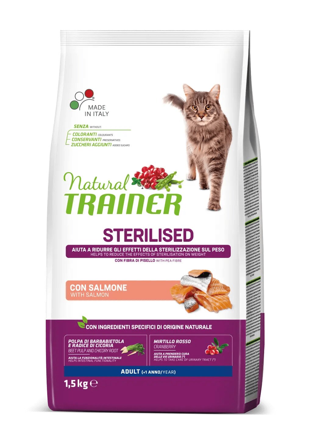 Natural Trainer Sterilised Crocchette Con Salmone Per Gatti Adulti Sacco 1,5kg-1