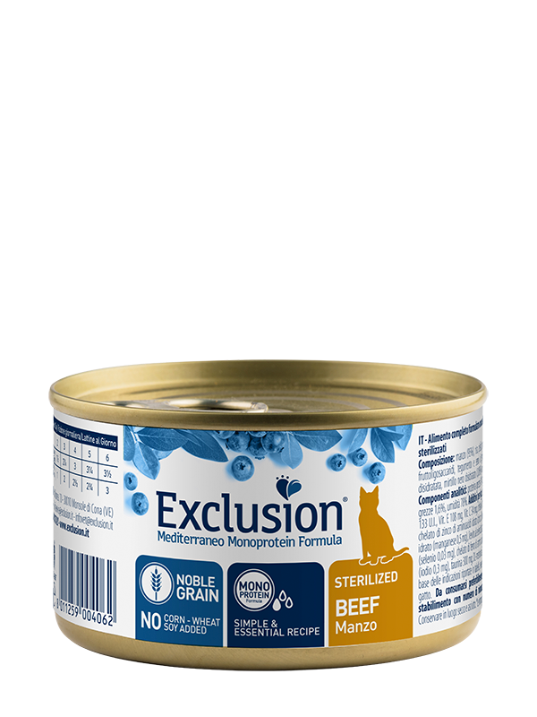 Exclusion Mediterraneo Monoprotein Noble Grain Umido Per Gatti Sterilizzati Al Manzo Lattina 85g-1