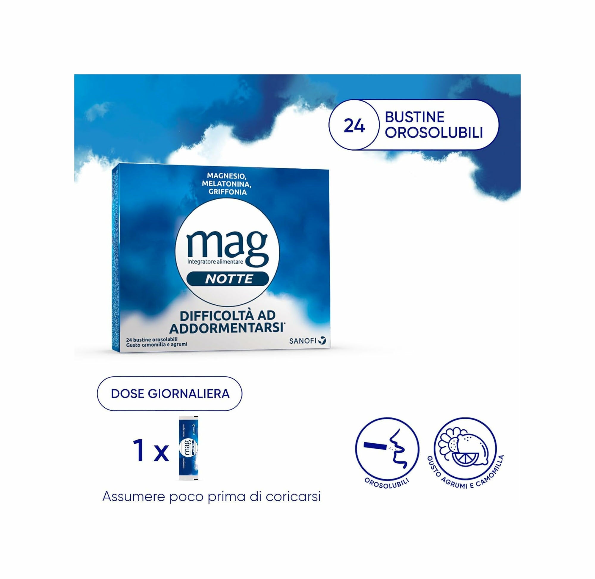 Mag Notte Integratore a base di Melatonina, Magnesio e Griffonia Dormire Bene, Favorire Rilassamento e Qualità Sonno 24 bustine-11