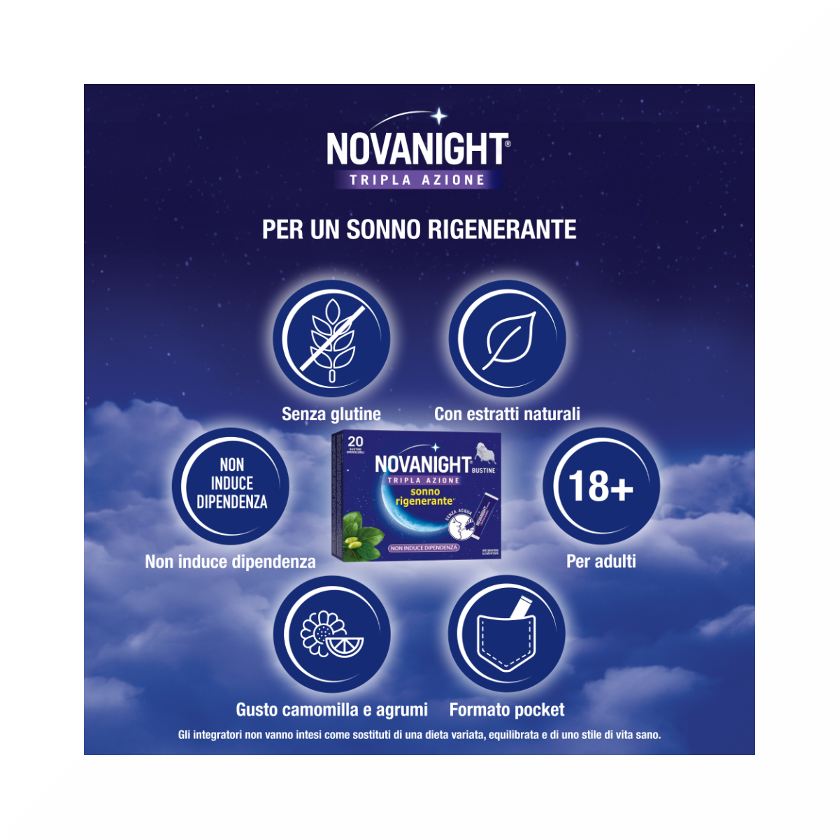 Novanight Tripla Azione con Melatonina per Dormire Magnesio Griffonia 20 Bustine Orosolubili-8