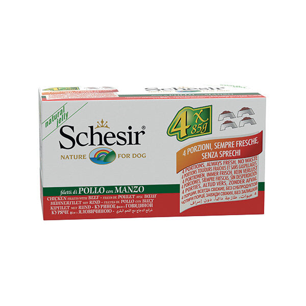 Schesir Filetti di Pollo Con Manzo Cibo Umido Cani 4x85g-1