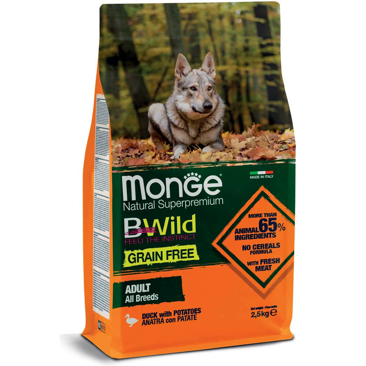 Monge B Wild Grain Free Anatra Con Patate Cibo Secco Per Cani Adulti Sacco 2,5 Kg-1