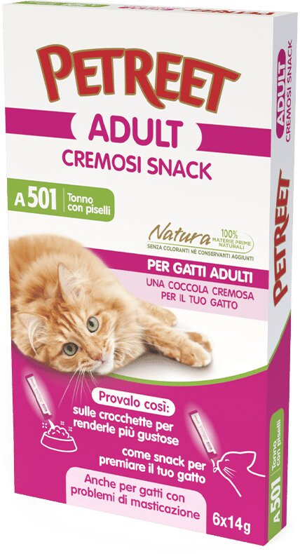 Petreet Natura Cremosi Snack Tonno con Piselli snack per gatti adulti 6 pezzi-2