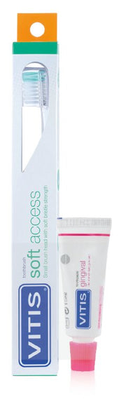 Vitis Spazzolino Soft Access testa piccola con setole morbide 1 pezzo colori assortiti+ Dentifricio Gingival 15ml-3