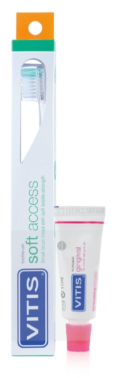 Vitis Spazzolino Soft Access testa piccola con setole morbide 1 pezzo colori assortiti+ Dentifricio Gingival 15ml-3