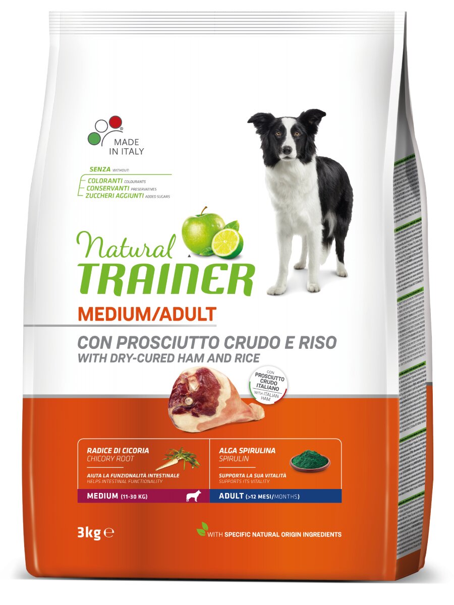 Natural Trainer Crocchette Prosciutto Crudo E Riso Per Cani Adulti Taglia Media Sacco 3kg-2