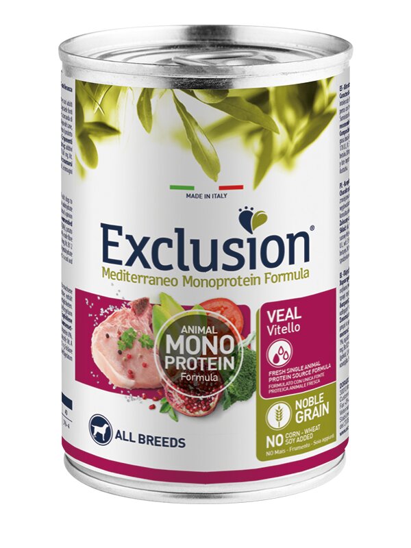 Exclusion Mediterraneo Monoprotein Noble Grain Umido Vitello Cani Adulti Lattina 400g-3