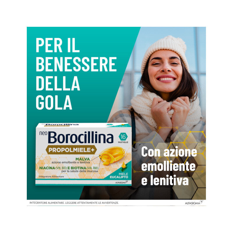 NeoBorocillina Propolmiele+ per il benessere della gola 16 pastiglie gusto miele ed eucalipto-2