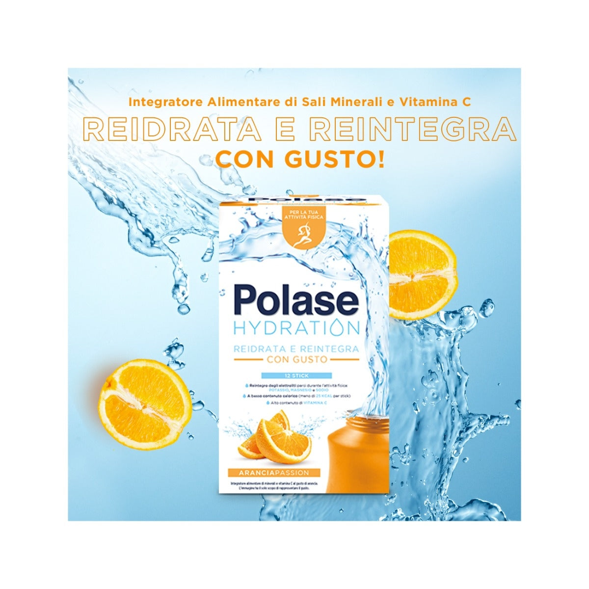 Polase Hydration Integratore Alimentare Magnesio/Potassio Sali Minerali Vitamina C Arancia 12 Stick-5