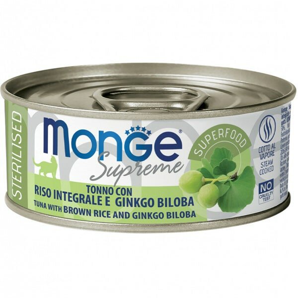 Monge Supreme Tonno Riso Integrale e Ginkgo Biloba Cibo Umido Gatti Adulti Sterilizzati 80g-2