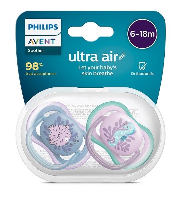 Avent Ultra Air Ciuccio Ortodontico 6-18 Mesi Pesce Palla/cavalluccio Marino 2 Pezzi-0