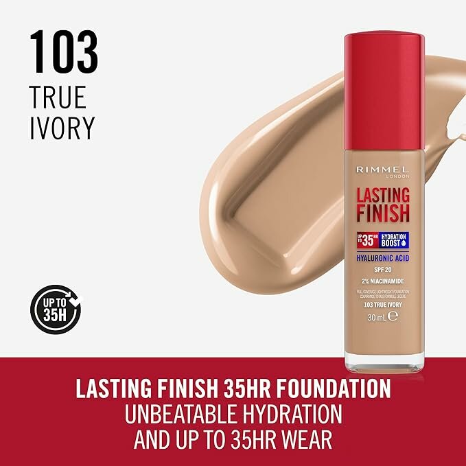 Rimmel Fondotinta Lasting Finish 35h Con Acido Ialuronico 103 True Ivory 30ml-3