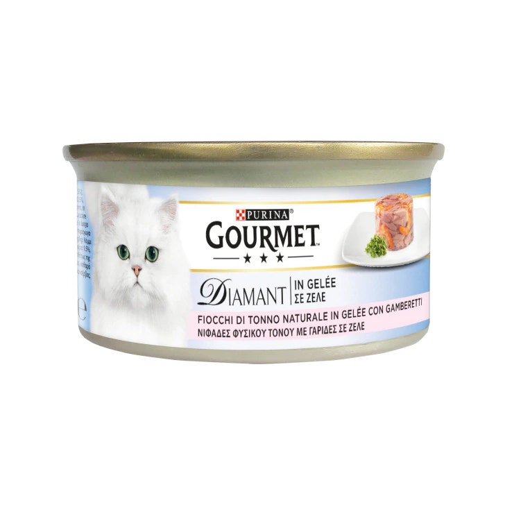 Purina Gourmet Diamant Fiocchi Tonno Naturale GelÃ©e Con Gamberetti Per Gatti Lattina 85g-1