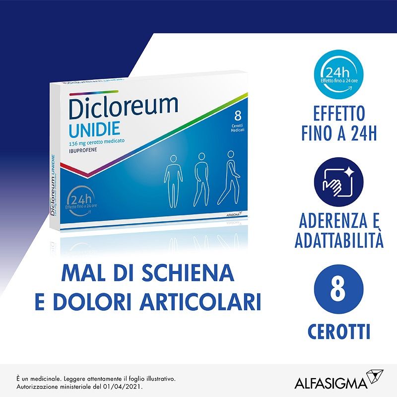 Dicloreum Unidie cerotto medicato 136mg ibuprofene 8 cerotti-1