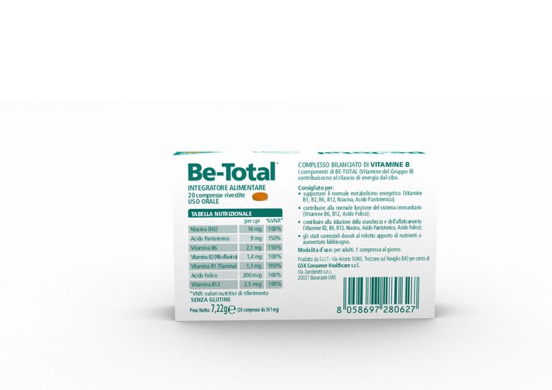 Be-Total Integratore Alimentare Vitamina B/B3/B12 Acido Folico Energia Per Adulti 20 Compresse-2