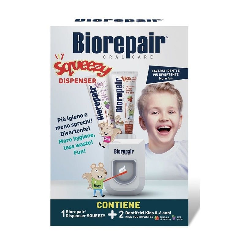 BioRepair Squeezy Dispenser + Dentifricio Kids 0-6 anni gusto fragola 50ml + gusto uva 50ml-1