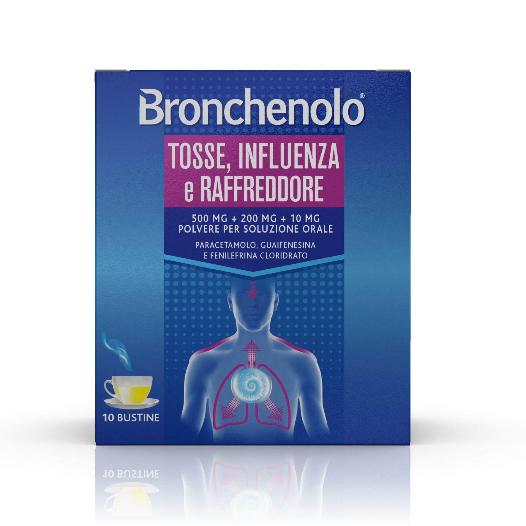 Bronchenolo Tripla Azione contro Tosse Influenza e Raffreddore 10 Bustine 500mg + 200mg + 10mg-2