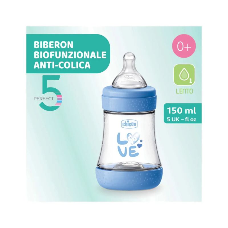 Chicco Biberon Neonato Perfect 5 Biberon Azzurro Flusso Lento 150 ml 0Mesi+-2