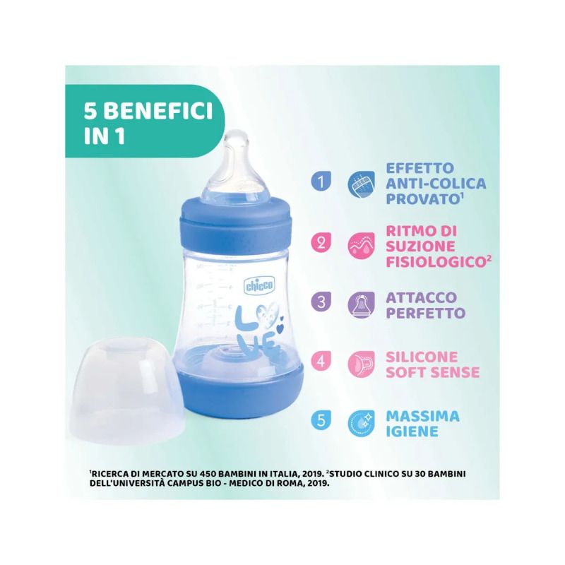 Chicco Biberon Neonato Perfect 5 Biberon Azzurro Flusso Lento 150 ml 0Mesi+-3