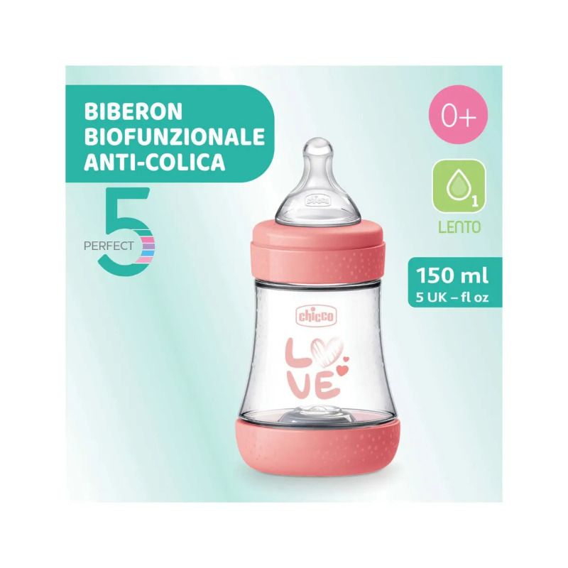 Chicco Biberon Neonato Perfect 5 Biberon Rosa Flusso Lento 150 ml 0Mesi+-2