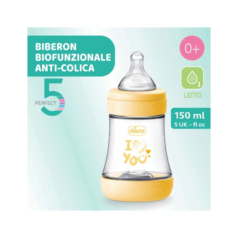 Chicco Biberon Neonato Perfect 5 Biberon Giallo Flusso Lento 150 ml 0Mesi+-2