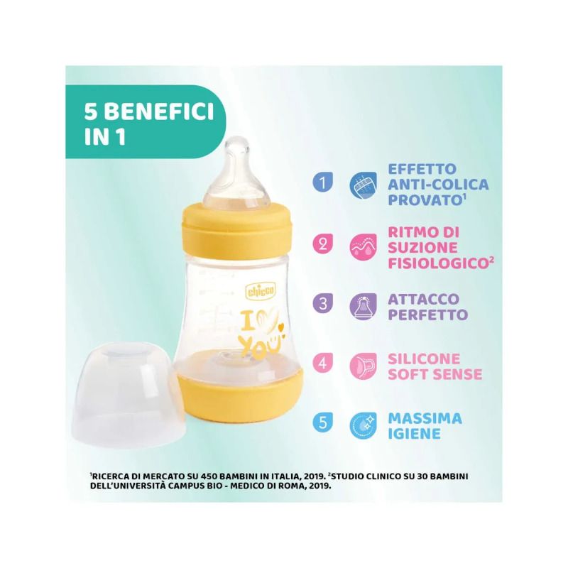 Chicco Biberon Neonato Perfect 5 Biberon Giallo Flusso Lento 150 ml 0Mesi+-3