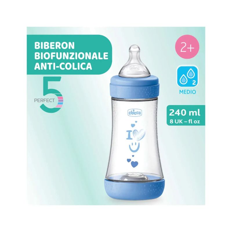 Chicco Biberon Neonato Perfect 5 Biberon Azzurro Flusso Medio 240 ml 2Mesi+-2