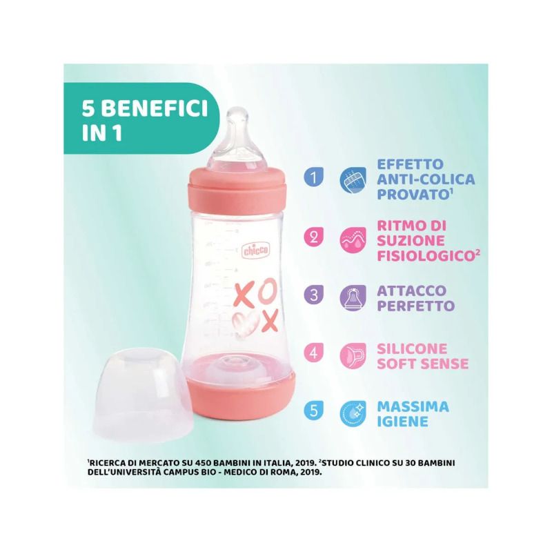 Chicco Biberon Neonato Perfect 5 Biberon Rosa Flusso Medio 240 ml 2Mesi+-3