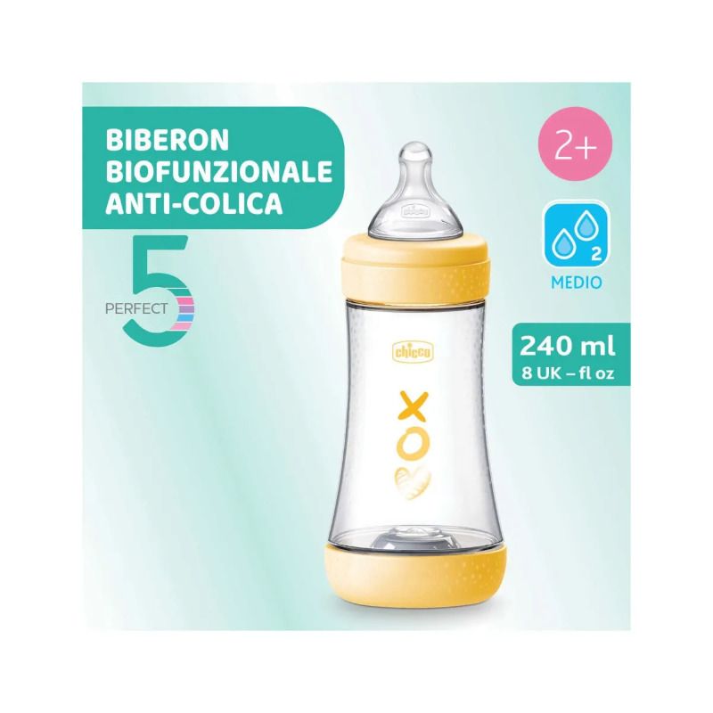 Chicco Biberon Neonato Perfect 5 Biberon Giallo Flusso Medio 240 ml 2Mesi+-2