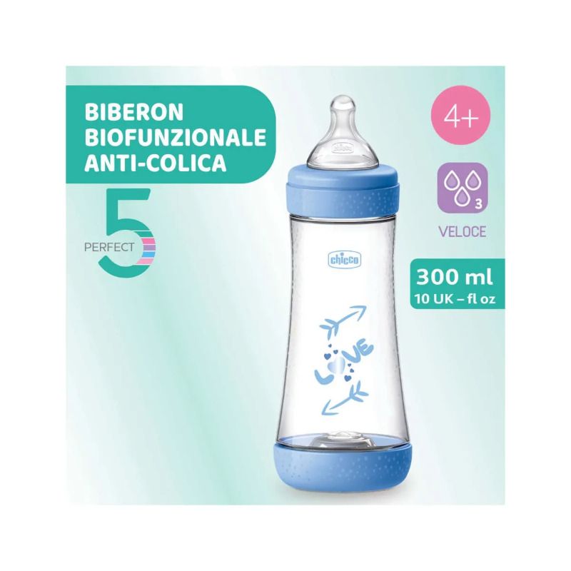 Chicco Biberon Neonato Perfect 5 Biberon Azzurro Flusso Veloce 300 ml 4Mesi+-2