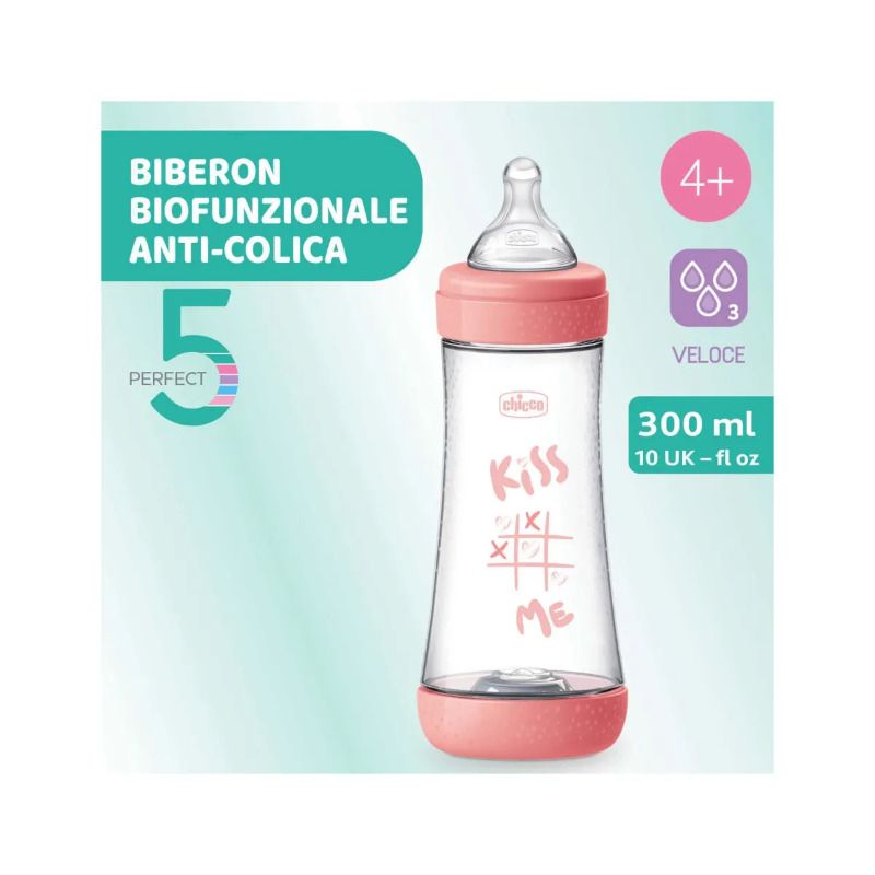 Chicco Biberon Neonato Perfect 5 Biberon Rosa Flusso Veloce 300 ml 4Mesi+-2